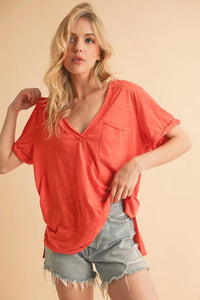 Aemi + Co Side Slit V-Neck Short Rolled Sleeve T-Shirt - Brittney MADE