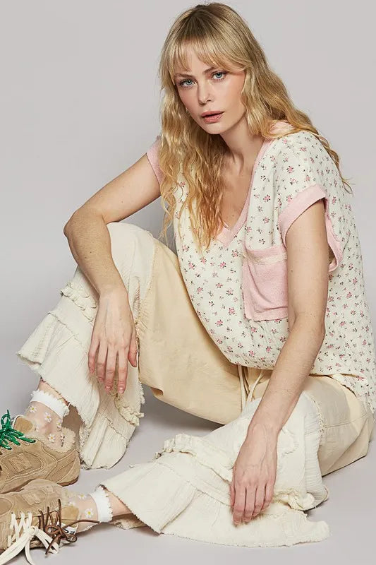 POL Floral V-Neck Short Sleeve T-Shirt - Brittney MADE