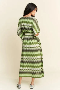 Davi & Dani Multi Color Wavy Tie Waist Flowy Sleeve Dress - Brittney MADE