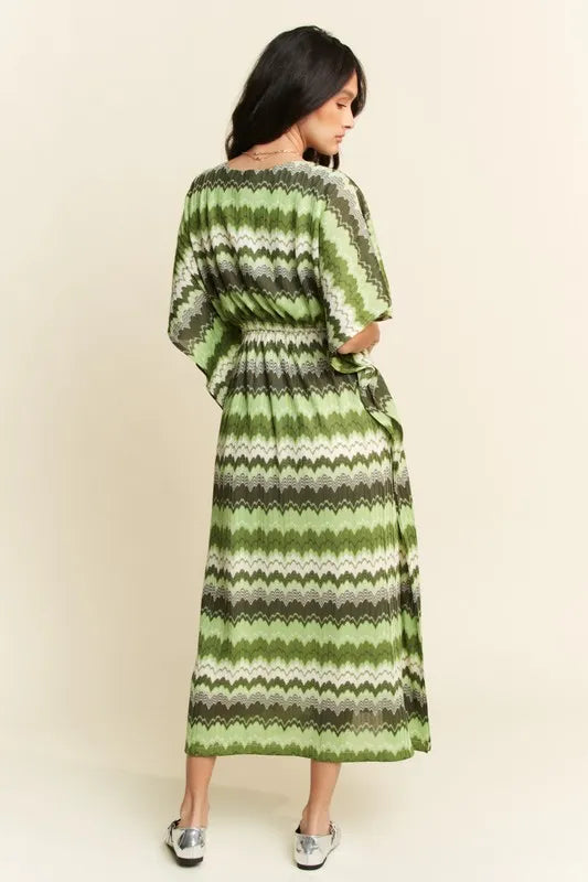 Davi & Dani Multi Color Wavy Tie Waist Flowy Sleeve Dress - Brittney MADE