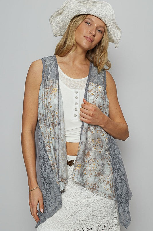 POL Lace Patchwork Floral Open Front Sleeveless Cardigan - Brittney MADE