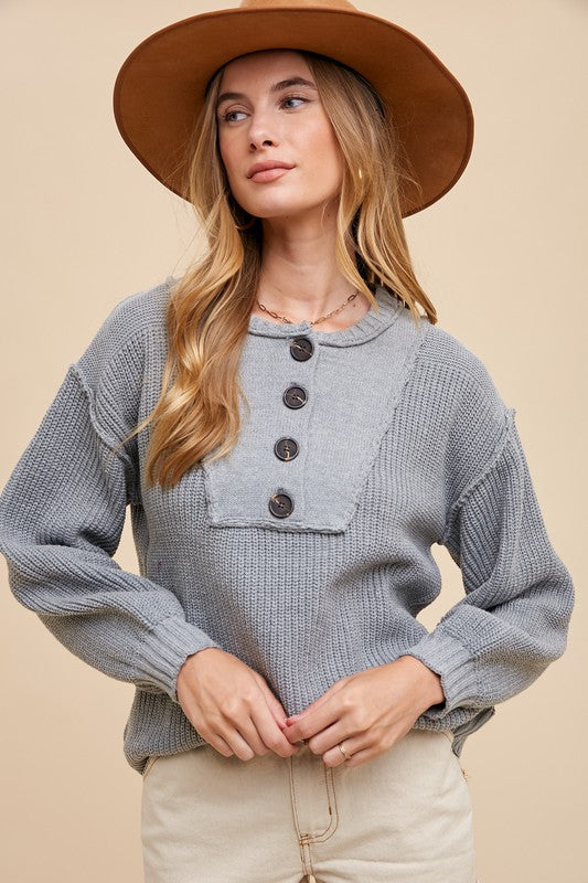 Annie Wear Half Button Ribbed Hem Sweater - Brittney MADE