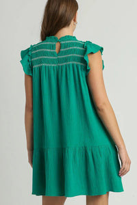 Umgee Full Size Smocked Contrast Stitching Ruffle Cap Sleeve Round Neck Dress Plus Size - Brittney MADE