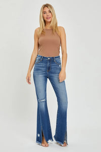 RISEN Full Size High Rise Front Slit Frayed Hem Flare Jeans - Brittney MADE