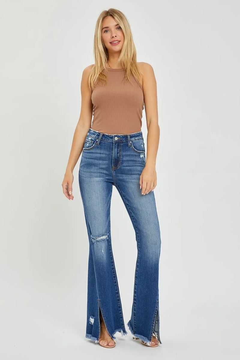 RISEN Full Size High Rise Front Slit Frayed Hem Flare Jeans - Brittney MADE