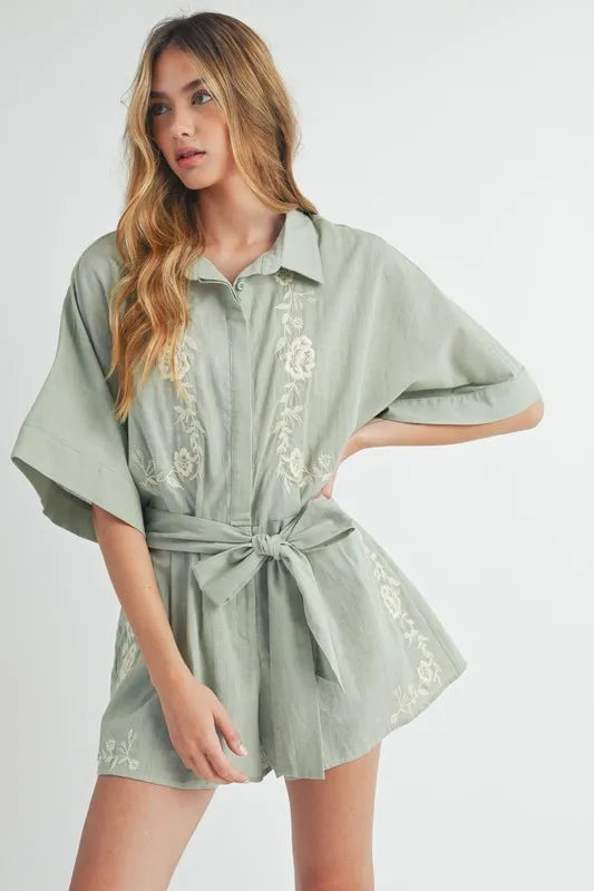MABLE Embroidered Button Down Collared Neck Romper - Brittney MADE