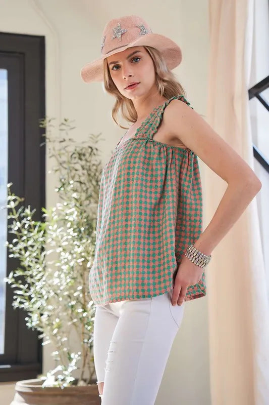 Davi & Dani Lace Fabric Square Neck Shirred Straps Summer Top - Brittney MADE