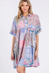 SAGE + FIG Floral Collared Neck Half Sleeve Mini Shirt Dress - Brittney MADE