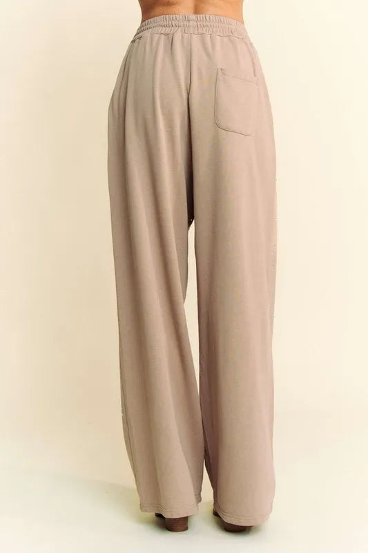 Davi & Dani Rhinestone Drawstring Wide Leg Pants - Brittney MADE