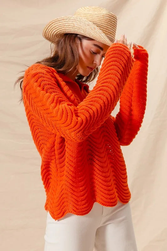 SO ME Notched Collar Wavy Texture Sweater Top - Brittney MADE