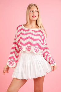 VERY J Chevron/Floral Pattern Crochet Knit Top - Brittney MADE