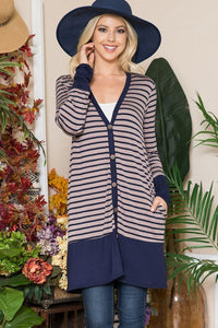 Celeste Full Size Striped Button Up Long Sleeve Cardigan Plus Size - Brittney MADE