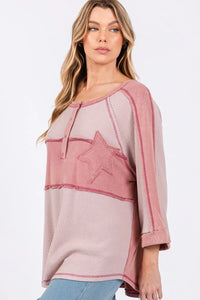 SAGE + FIG Star Applique Patch Exposed Seam Waffle Knit Top - Brittney MADE