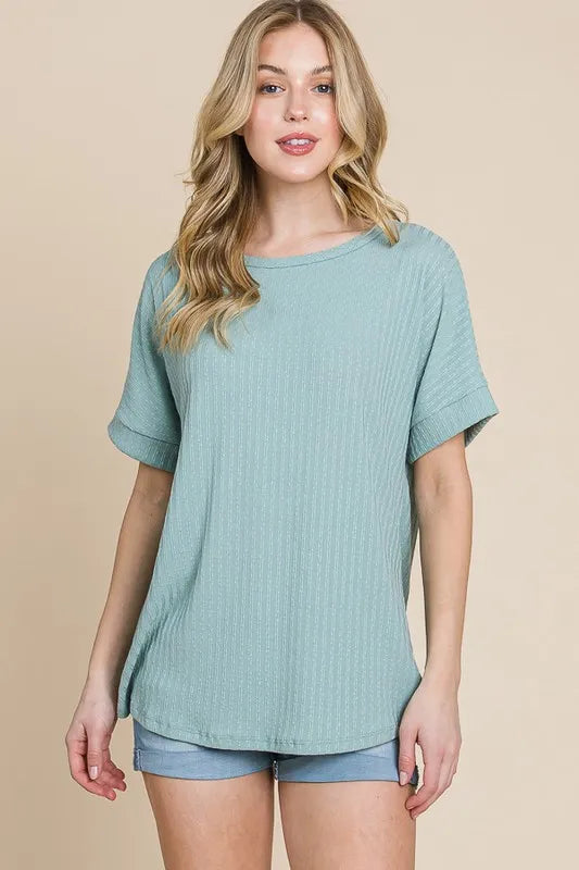 BOMBOM Rib Knit Short Sleeve T-Shirt - Brittney MADE