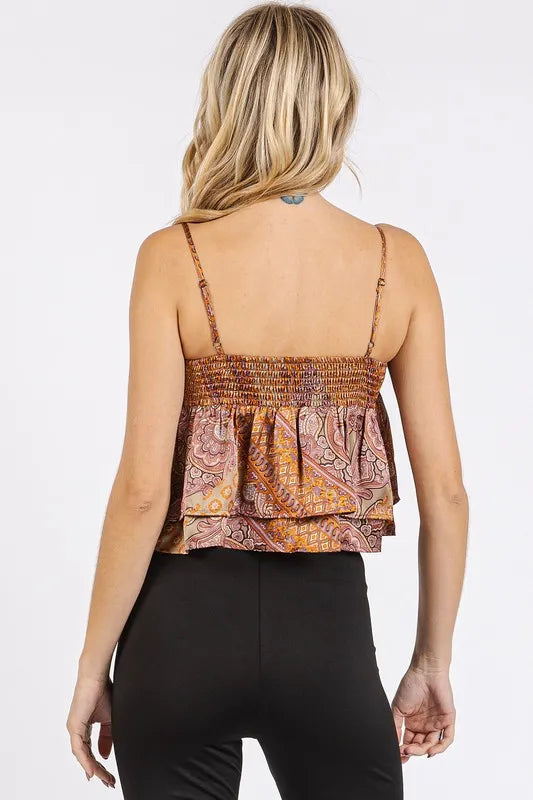 Mittoshop Paisley Patchwork Print Satin Ruffle Crop Cami - Brittney MADE