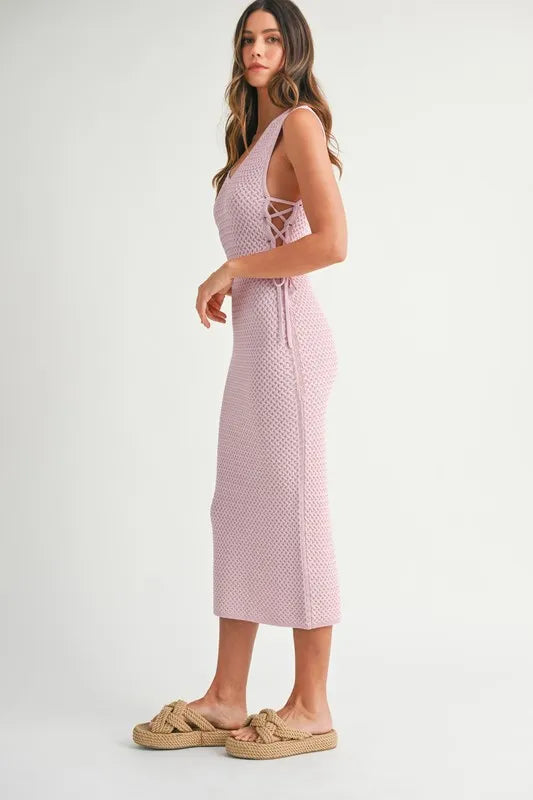 MABLE Crochet Side Lace Up Knit Midi Dress - Brittney MADE
