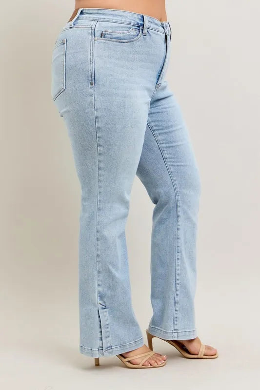 Judy Blue Full Size Tummy Control Vintage Wash Side Slit Slim Boot Jeans Plus Size - Brittney MADE