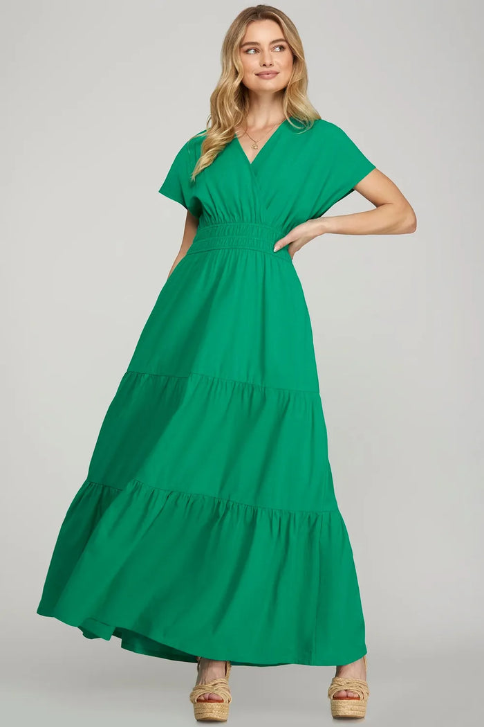 She + Sky Surplice Short Sleeve Tiered Maxi Dress With Pockets - Brittney MADE