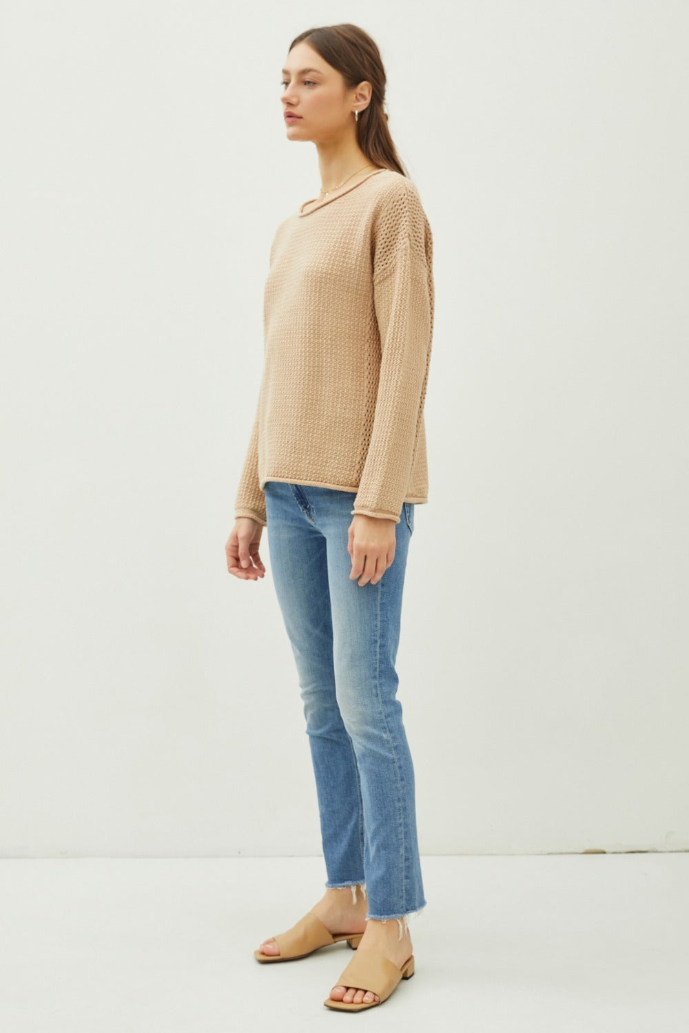 Be Cool Rolled Openwork Round Neck Sweater - Brittney MADE
