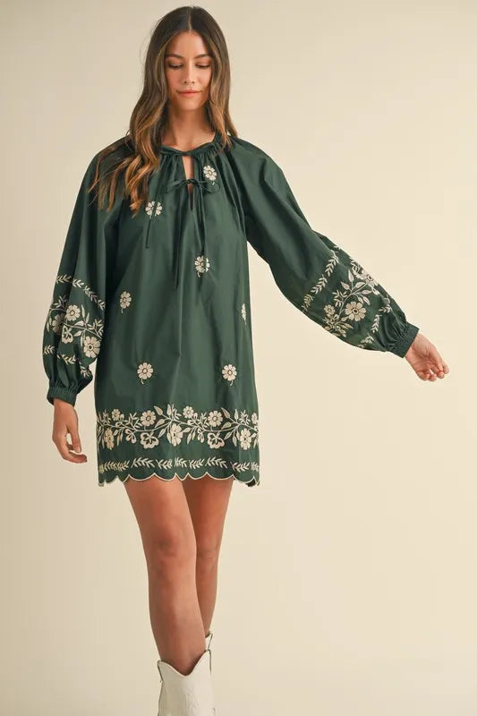 MABLE Embroidered Long Sleeve Peasant Mini Dress - Brittney MADE