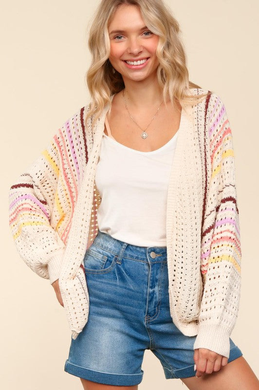 Haptics Full Size Striped Crochet Open Front Cardigan - Brittney MADE