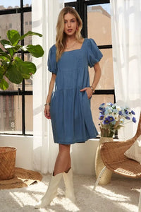 ADORA Square Neck Puff Sleeve Denim Dress - Brittney MADE