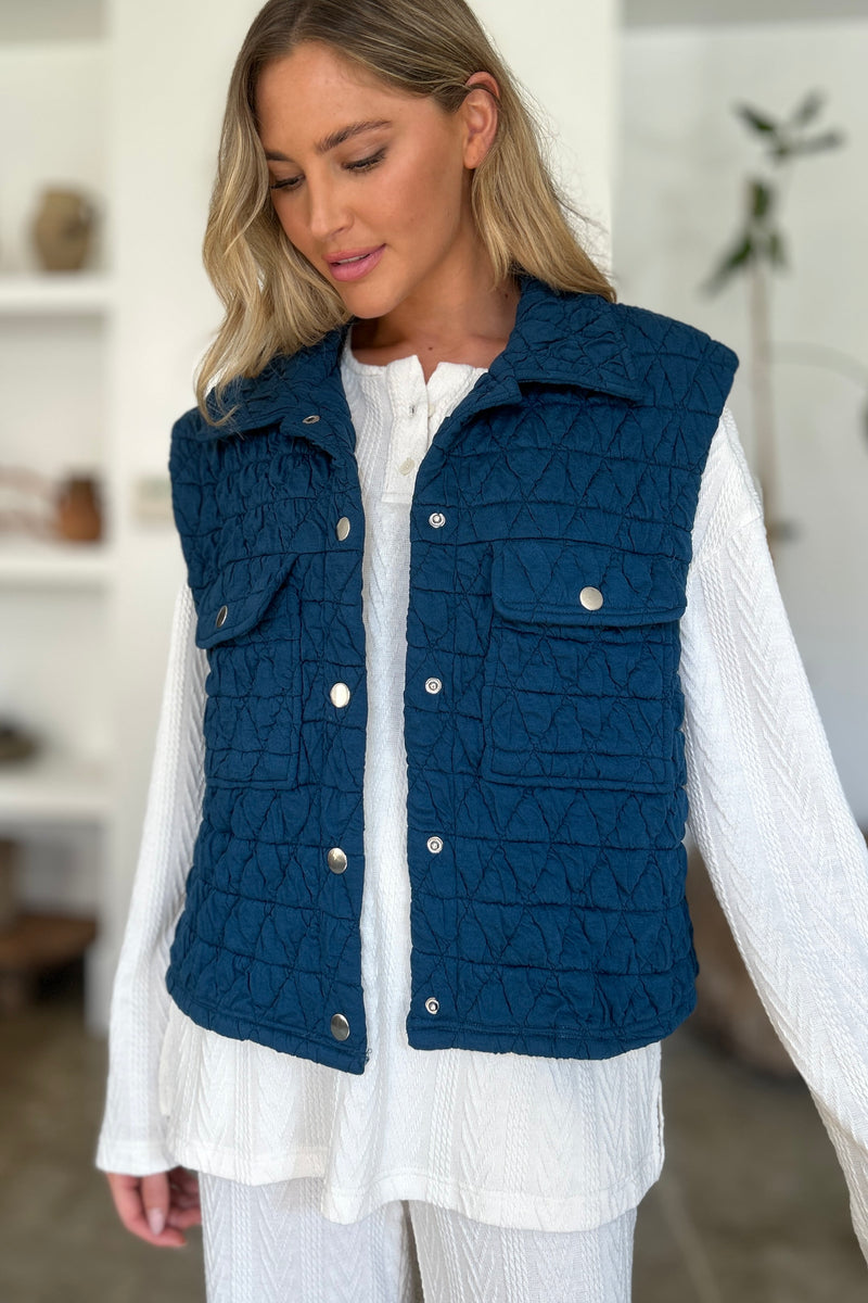 Double Take Full Size Pocketed Texture Snap Down Vest Coat - Brittney MADE