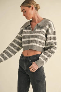 MABLE Pale Collared Striped Cropped Cable Knit Sweater - Brittney MADE
