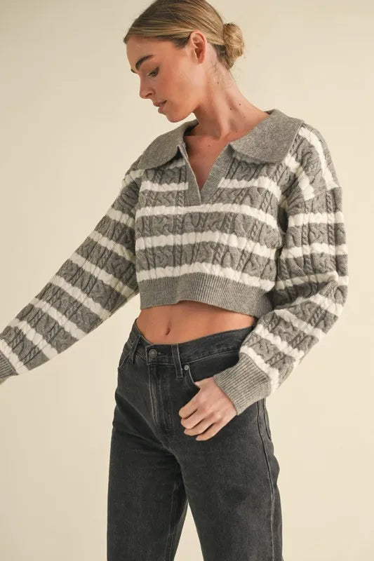 MABLE Pale Collared Striped Cropped Cable Knit Sweater - Brittney MADE