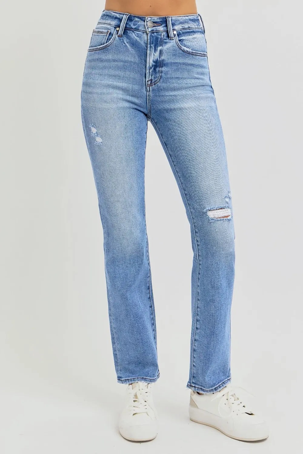 RISEN Full Size Distressed High-Rise Ankle Straight Jeans - Brittney MADE