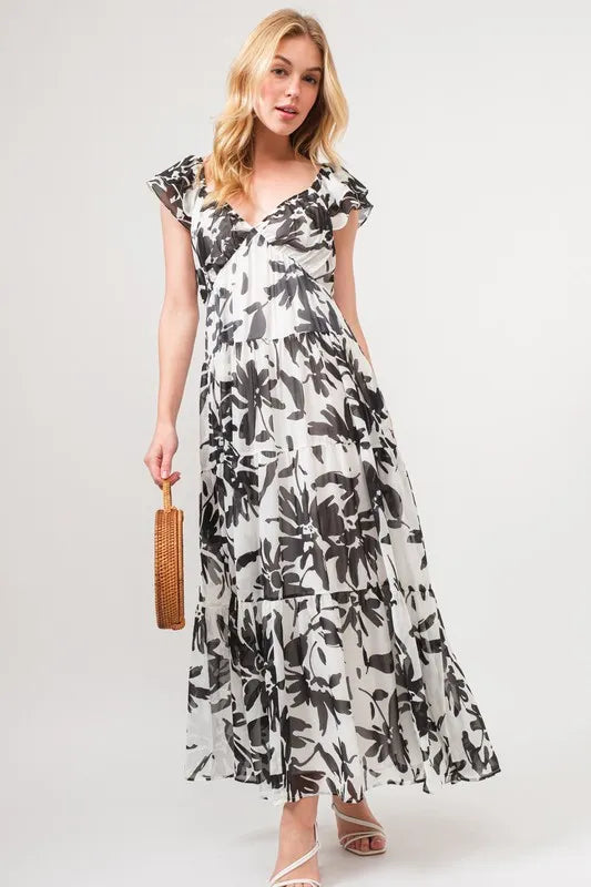And The Why Ruffled Sleeve Tiered Floral Print Maxi Dress - Brittney MADE