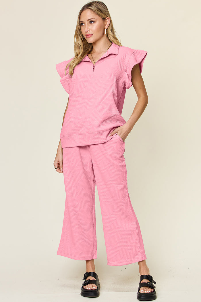 Double Take Texture Ruffle Short Sleeve Top and Drawstring Wide Leg Pants Set - Brittney MADE