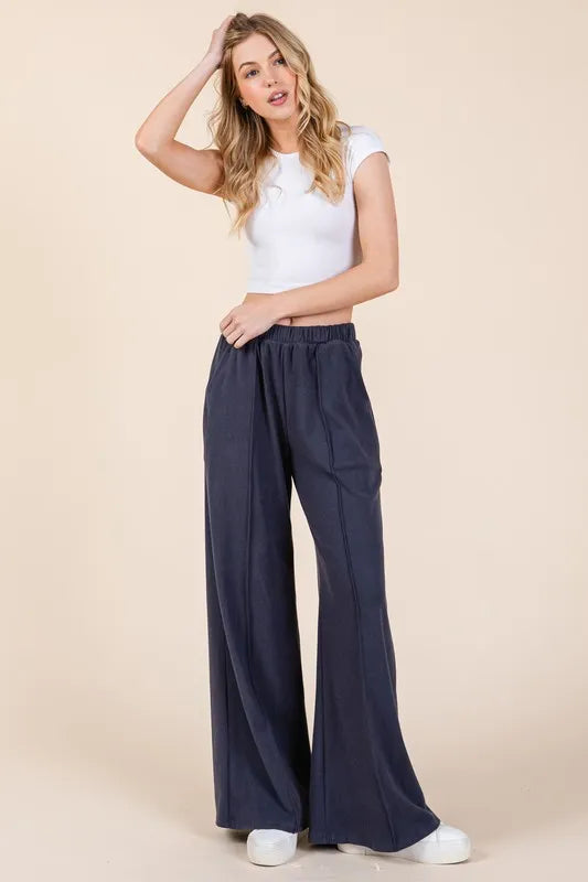 BOMBOM Elastic Waist Wide Leg Pants with Pockets - Brittney MADE