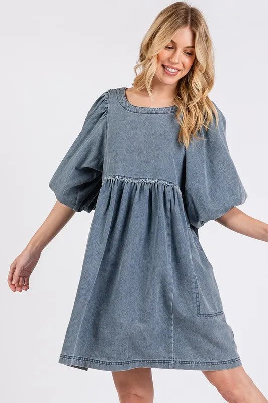 Mittoshop Washed Round Neck Puff Sleeve Denim Dress - Brittney MADE