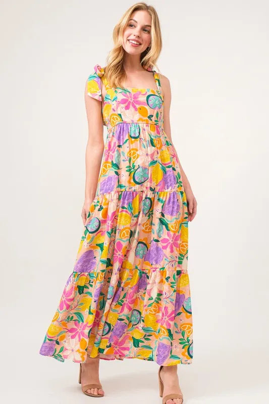 And The Why Shoulder Strap Tropical Fruit Printed Tiered Maxi Dress - Brittney MADE