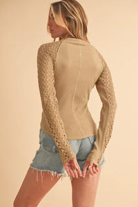 Aemi+Co Mock Neck Ribbed Knit Top with Crochet Sleeve - Brittney MADE