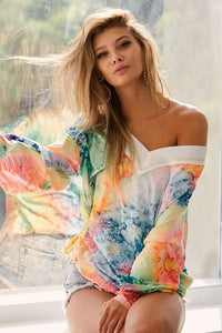 BiBi Tie Dye Soft Knit Jersey V-Neck Top - Brittney MADE