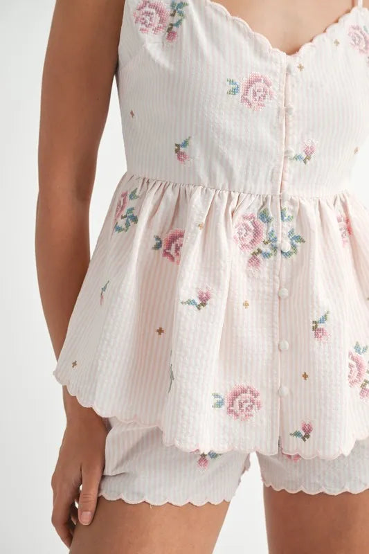 MABLE Stripe Embroidered Peplum Cami and Shorts Set - Brittney MADE