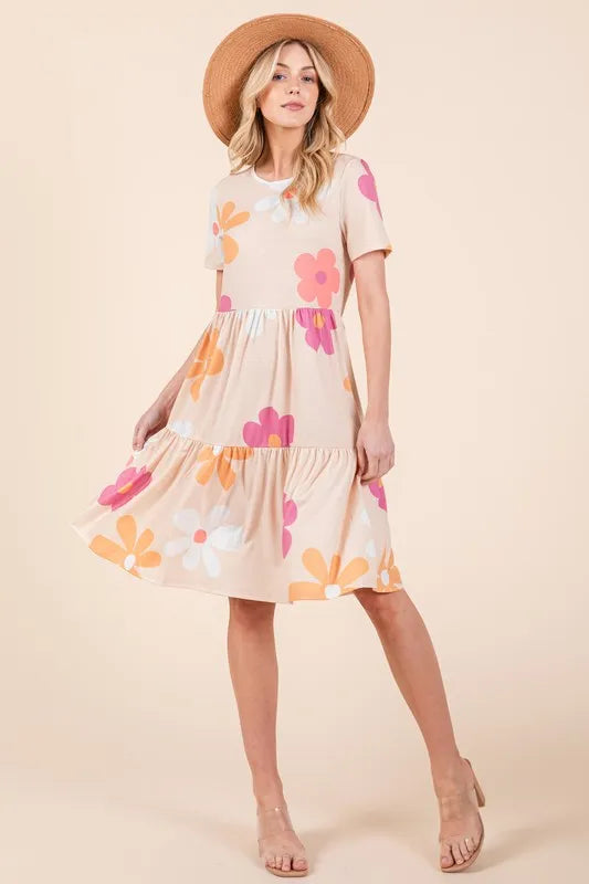 BOMBOM Floral Round Neck Short Sleeve Tiered Dress - Brittney MADE