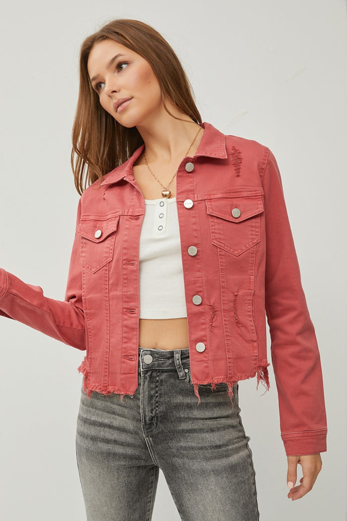 RISEN Full Size Raw Hem Button Up Cropped Denim Jacket Plus Size - Brittney MADE