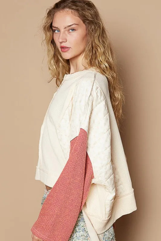 POL Waffle-Knit Contrast Notched Long Sleeve Knit Top - Brittney MADE