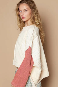 POL Waffle-Knit Contrast Notched Long Sleeve Knit Top - Brittney MADE