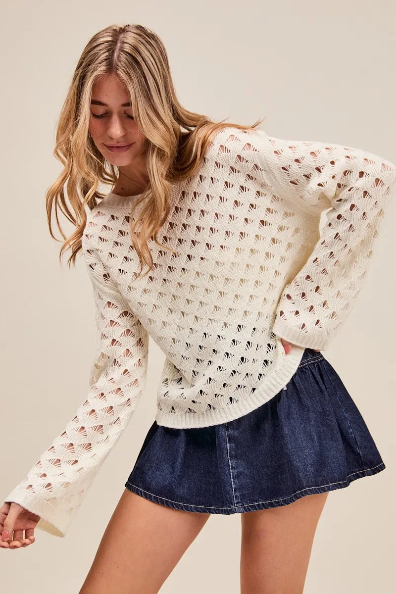 SO ME Geometric Pattern Open Knit Lightweight Sweater - Brittney MADE