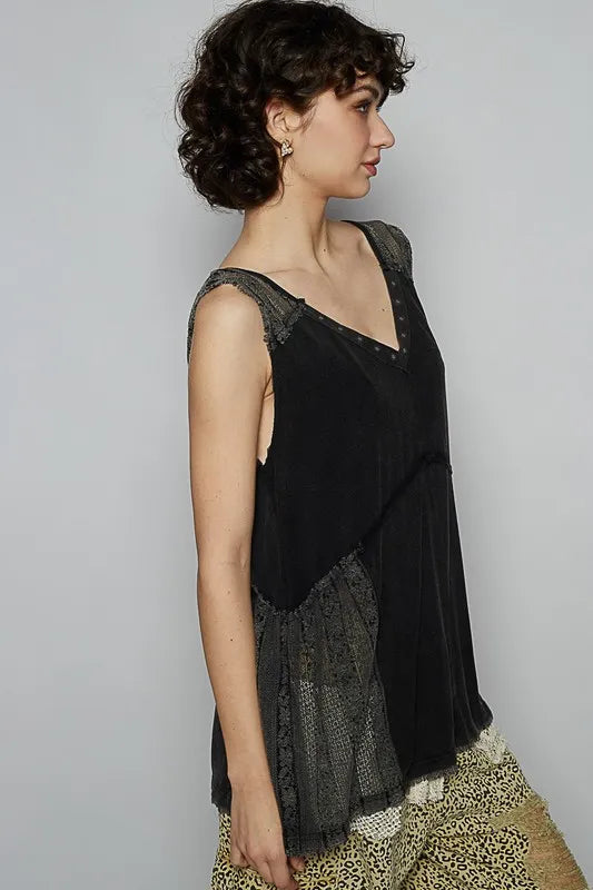 POL Lace Detail Studded Crisscross Back V-Neck Sleeveless Top - Brittney MADE