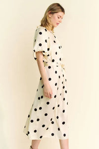 Davi & Dani Polka Dot Puff Sleeves Waist Tie Midi Dress - Brittney MADE