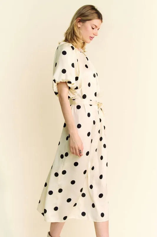 Davi & Dani Polka Dot Puff Sleeves Waist Tie Midi Dress - Brittney MADE