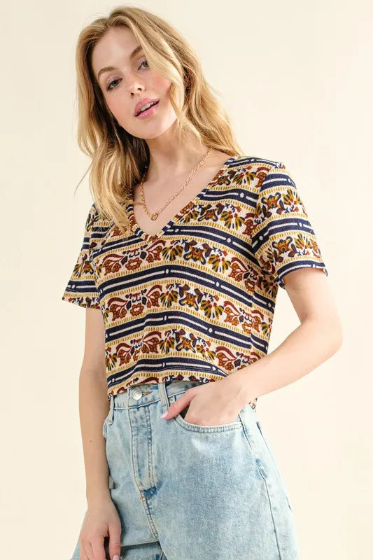 And The Why Printed V Neck Cropped T-Shirt - Brittney MADE