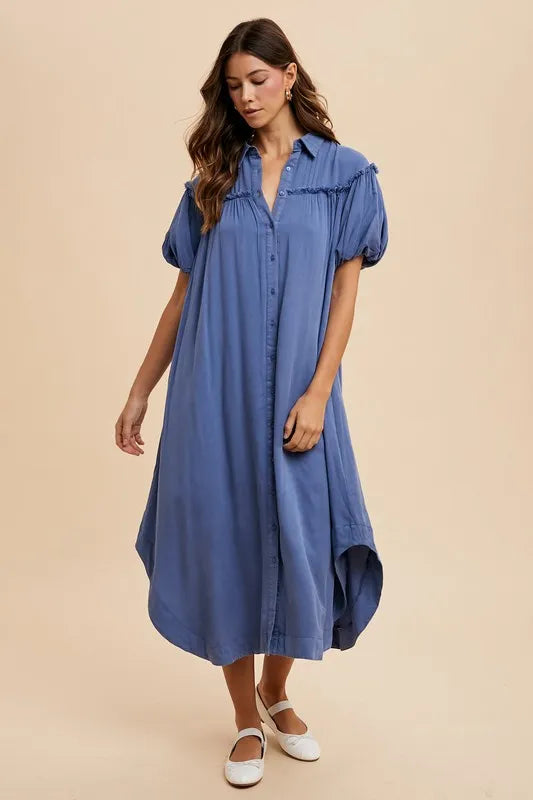 Annie Wear Mineral Washed Button Down Puff Sleeve Shirt Dress - Brittney MADE