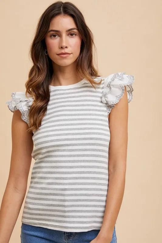 Annie Wear Ruffled Striped Round Neck Cap Sleeve Knit Top - Brittney MADE