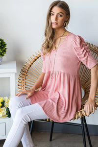 Heimish Full Size Waffle Knit V-Neck Babydoll Top - Brittney MADE